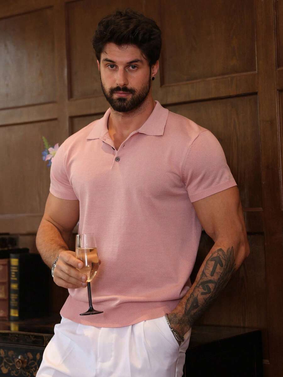 DAZY 男士纯粉色针织套头衫，适合通勤和夏季穿着 - 粉色 - 查看 1