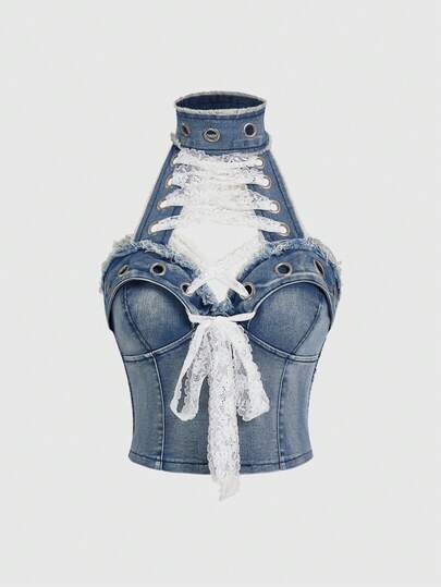 ROMWE J-Fashion Y2K Sexy Lace-Up Cropped Denim Top For Women