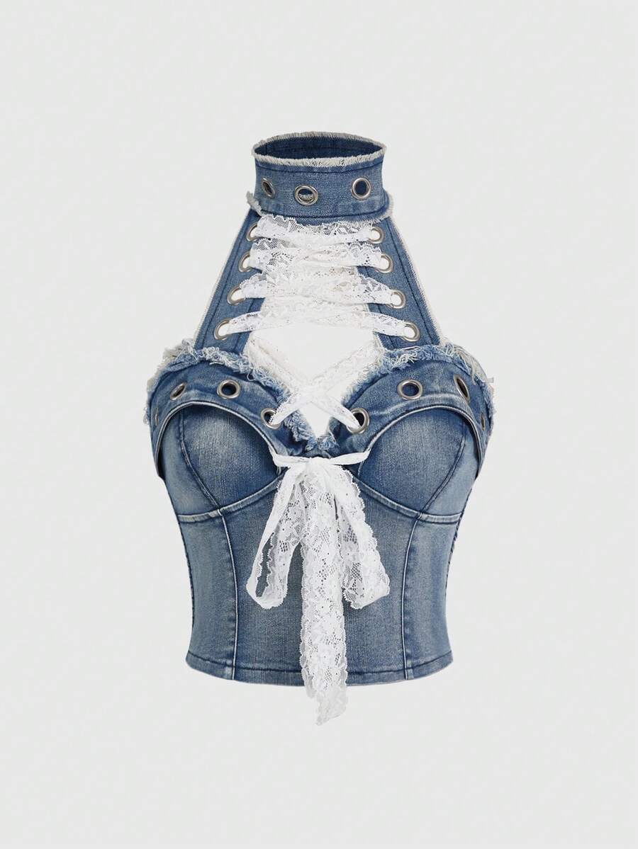 ROMWE J-Fashion Y2K 性感系带露脐牛仔上衣（女款） - 白色 - 查看 1