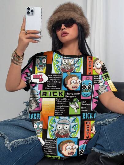 Rick and Morty X SHEIN Büyük Beden Yazlık Günlük Baskılı Yuvarlak Yaka Kısa Kollu Tişört