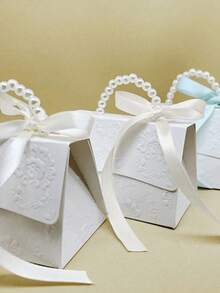 10个/2个装 - 仿珍珠装饰礼品袋，简约派对包装袋，珍珠手柄装饰纸质礼品盒，精致纯白礼品包装盒，适用于情人节、婚礼礼物，凸版印刷花朵迷你包装袋纸盒礼品套装盒小礼品袋婚礼赠品派对装饰，母亲节礼品盒 - 白色 - 查看 7