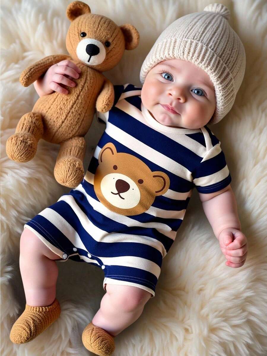 Unisex Baby/Toddler Cute Cartoon Bear Striped Print Short Sleeve Romper, Casual Everyday & Loungewear, Summer