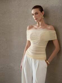 MOTF PREMIUM WOMEN'S APRICOT MESH FITTED SEXY ELEGANT OFF-SHOULDER TOP - Apricot - View 2