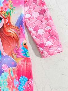 SHEIN 女婴泳衣 女婴连体泳衣 长袖长裤泳衣 可爱卡通美人鱼涤纶数码印花紫色渐变鱼鳞印花连体泳衣 女婴泳衣 - 粉色 - 查看 3