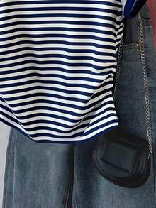 Resyla 女士户外上衣，夏季新款，多色条纹，白色，藏青色，户外服饰，修身褶皱腰部T恤，女士T恤 - 彩色 - 查看 3