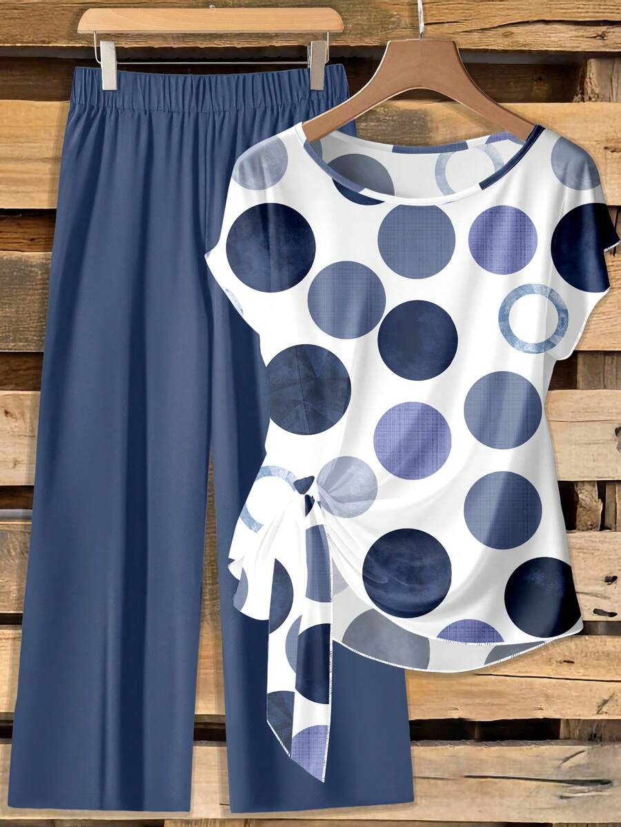 SHEIN Clasi 2pcs/Set Casual Polka Dot Print Tie Front Shirt And Loose Straight Leg Pants, Suitable For Spring/Summer Vacation Spring - Multicolor - View 1