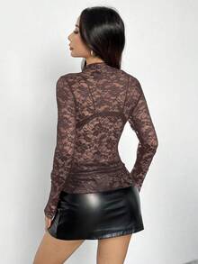 EgrlEra Petite Women's Fashionable Black Fitted Lace Blouse - Chocolate Brown - View 2