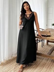 Weeklong 大码女士休闲蕾丝拼接A字长连衣裙，春夏款 - 黑色 - 查看 4