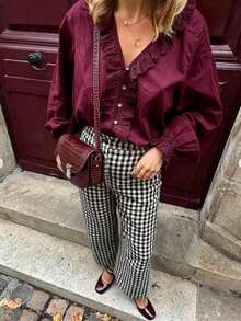 Serisse 女士时尚休闲纯色荷叶边衬衫 - 玫紅色 - 查看 1