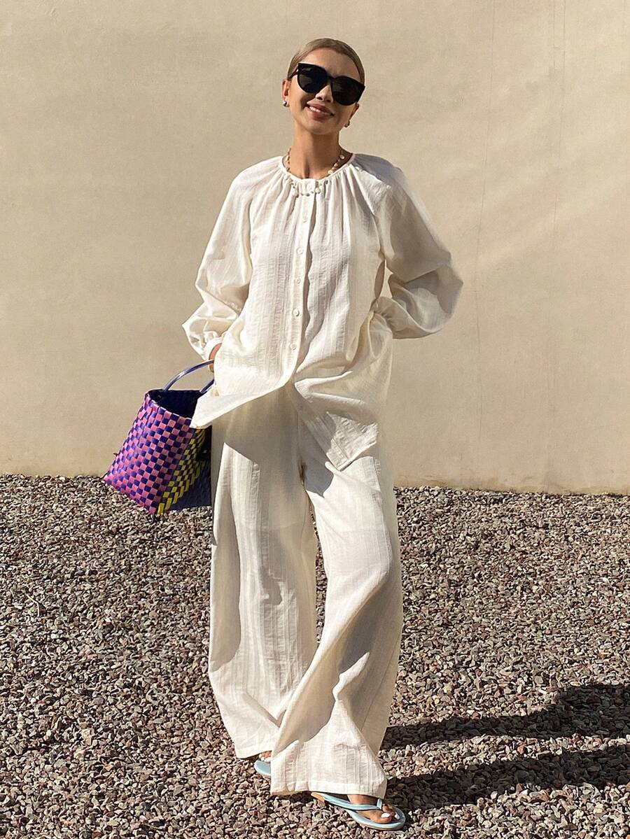 Livesso Women's Pleated Round Neck Loose Top And Casual Wide Leg Pants 2 Pieces Set, Summer Holiday Outfit - Apricot - View 1