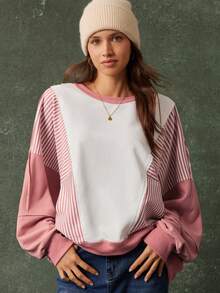 WESTFADE Áo sweatshirt tay dài cổ tròn dáng rộng, chất liệu French Terry, phối sọc nhiều màu, thích hợp cho mùa xuân, nghỉ dưỡng, hè, kỳ nghỉ xuân, lễ hội, thường ngày, dễ thương, phong cách Boho, Nashville, trang phục đi xem hòa nhạc đồng quê, trang phục miền Tây cho nữ, kỳ nghỉ, bãi biển, phong cách cao bồi ven biển. - Hồng - Xem 3