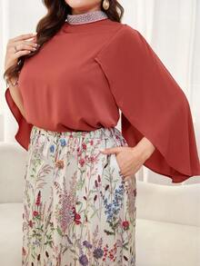 Reflora Plus Size Women's 2 Piece Set,Multicolor Elegant Blouse & Floral Printed Skirt With Pockets,Autumn Wedding Guest Outfit,Flowy Sleeve Bohemian Suits - Multicolor - View 6