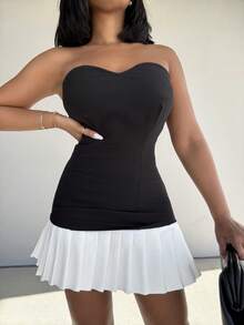 Alexandranx Old Money Woven Contrast Pleat Hem Dress Holiday Vacation Summer Brunch Elegant, Cute Wedding Guest Beach Fall Night Out Date Night Party Wedding Guest Christmas Party Thanksgiving Chic - Black and White - View 6