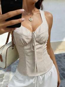 Pariaura Áo hai dây nữ kiểu retro kẻ caro, thắt nơ ở eo, thiết kế độc đáo, thích hợp cho kỳ nghỉ xuân/hè. - Màu be - Xem 6