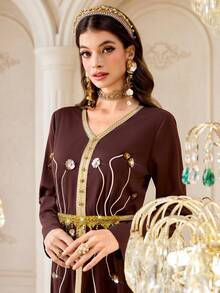 Al Najma Women's Elegant Arabic Style Patchwork Ribbon V-Neck Long Sleeve Dress - Brown - View 6