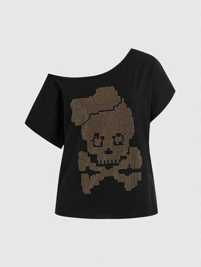 Maglietta oversize con fiocco, teschio e strass, stile punk Y2K per festival musicali, di colore unito versatile