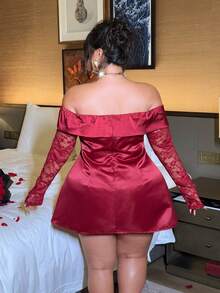 NU&NOW Elegant Plus Size Women Burgundy Off-Shoulder Lace Patchwork Mini Satin Dress,Autumn Birthday Party,Graduation Dance,Evening Date,New Year Outfit - Burgundy - View 2
