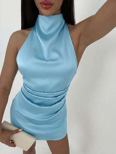 Aloruh Vestido mini plisado de satén elegante y romántico, vestido mini de línea A con cintura fruncida, cruzado y sin espalda en color albaricoque, vestido para invitada de boda, dama de honor, fiesta o cita/vacaciones