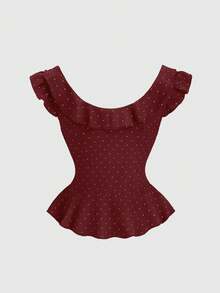 Sweetra Women's Lace Patchwork Ruffle Hem Polka Dot Sexy Low-Cut Waist Exposed Shoulder Backless Blouse, Suitable For Spring, Summer, Autumn, Winter - Burgundy - View 2