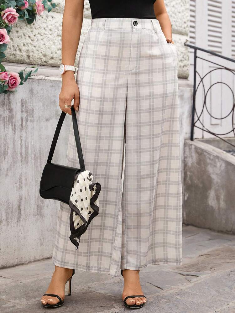 Plus Size Casual & Commuting Plaid Wide-Leg Pants For Summer/ Vacation,Spring Break Wide Leg Capri Pants Women Wide Leg Pants Checkered Pants Plaid Pants Wide Leg Summer Pants