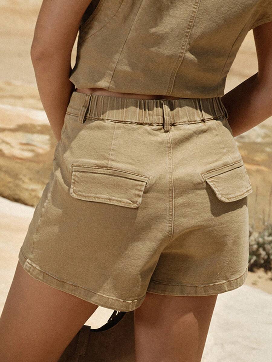 MOTF STUDIO WOMEN'S CASUAL VACATION STYLE EVERYDAY COMMUTE PATCHWORK POCKET DENIM SHORTS, SUMMER - Khaki - View 2