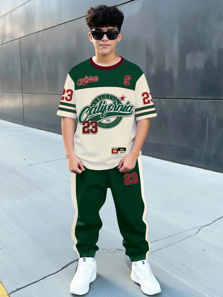 青少年男童新款休闲简约Y2K风格英文字母数字23运动复古美式拼接舒适圆领短袖T恤和裤子套装，适合春夏穿着 - 彩色 - 查看 1