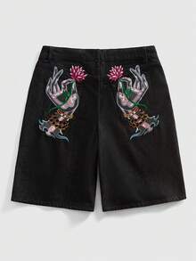 Street Life Men's Ukiyo-E Embroidery Pocket Loose Casual Denim Shorts - Black - View 1