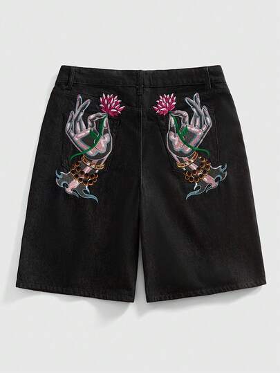 ROMWE MEN Street Life Men's Ukiyo-E Embroidery Pocket Loose Casual Denim Shorts