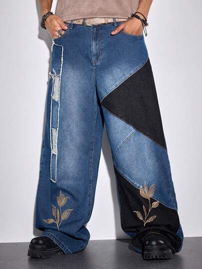 Street Life Jeans casuales holgados con pierna ancha, bolsillo bordado con flores y desgastados para hombres
