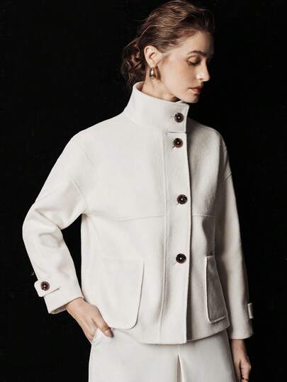 Aalyst 女士优雅休闲奢华短款羊毛混纺立领毡大衣，适合派对、万圣节、圣诞节、新年、感恩节、冬季等场合。