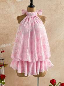 Soleia فستان قصير للنساء بتصميم الهالتر مع ربطة خلفية وكشكشة على الهيم، أنيق للمواعيد والحفلات - وردي - مشاهدة 5