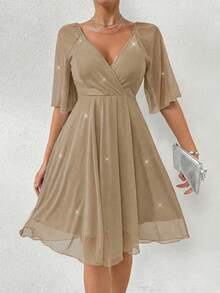 Rafferiza Mesh Embossed Ruffle Sleeve Waist Cinched Mini Dress - Khaki - View 5