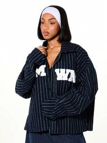 SUMWON WOMEN Áo khoác bomber dáng rộng kẻ sọc với logo in phía trước và khóa kéo, thích hợp cho mùa thu đông. - màu đen - Xem 6