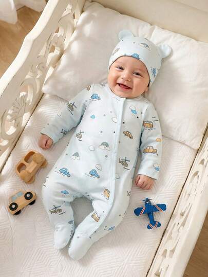 SHEIN 2件套新生儿男女通用卡通汽车印花长袖连体衣，含帽子，适合日常穿着、生日派对、春、夏、秋、冬四季拍照。