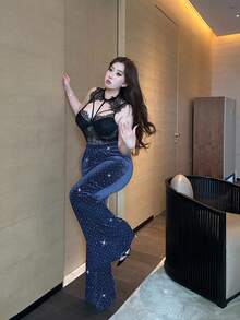 Vibekara Quần ống loe ôm sát, cỡ lớn, màu đen đính đá lấp lánh. - Màu xanh lam - Xem 4