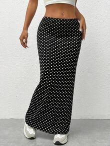 SHEIN EZwear 女士休闲复古波点印花修身长款针织裙 - 彩色 - 查看 5