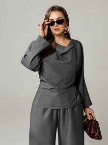 Auralis 2 piezas Conjunto elegante de talla grande para mujer, adecuado para maestras, casual de negocios, ropa de oficina, conjunto de comuter moderno, conciertos/actuaciones, citas, cenas formales, ir y venir, romántico, dama de oficina, estilo de sirena, primavera/otoño - Gris - Ver 8