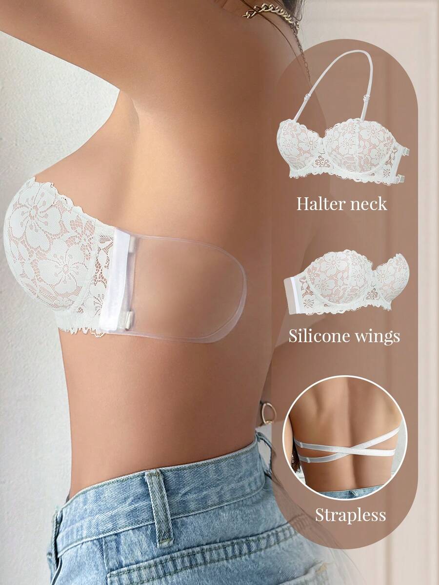 1pc Lace Backless Underwire Bra For Women, Small Bust Enhancing, Supportive, Slip-Resistant, Strapless Spaghetti Strap Bra - Multicolor - View 1
