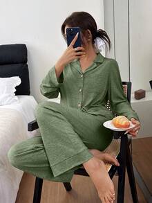 SHEIN 女士宽松舒适针织领长袖睡衣套装 - 綠色 - 查看 4