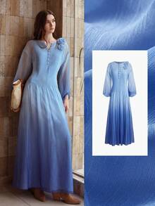 MOTF PREMIUM WOMEN'S ELEGANT FLOWY LONG MULBERRY SILK DRESS, SUMMER - Blue - View 2