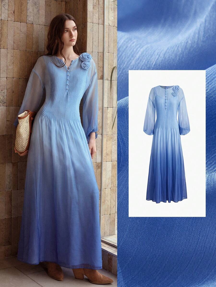 MOTF PREMIUM WOMEN'S ELEGANT FLOWY LONG MULBERRY SILK DRESS, SUMMER - Blue - View 2