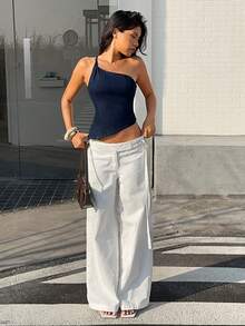 Rivivi Women's Y2K Asymmetric Hem Sleeveless Denim Top One Shoulder Top Jean Tops Navy Blue Top Cropped Top - Blue - View 5