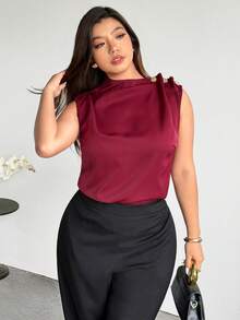 Firerie Áo kiểu nữ cỡ lớn mùa xuân/hè mới thanh lịch, cổ điển, sang trọng, không tay, cổ xếp ly bất đối xứng, cài kim loại, ôm dáng, dành cho công sở. - Màu Đỏ Sâu - Xem 7