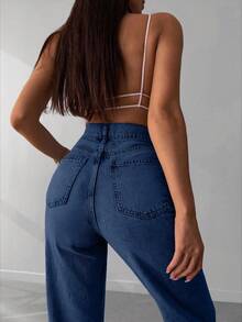 SHEIN Tall High Waist Raw Hem Wideleg Jean - Dark Wash - View 3