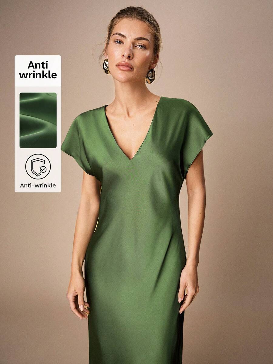 Maija Đầm midi tay ngắn cổ chữ V màu xanh lá cây dành cho nữ - Màu xanh lá cây đậm - Xem 1