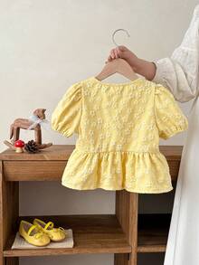 SHEIN Young Girl Woven Jacquard Casual Yellow Open Front Bow Tie Cropped Shirt - Yellow - View 3