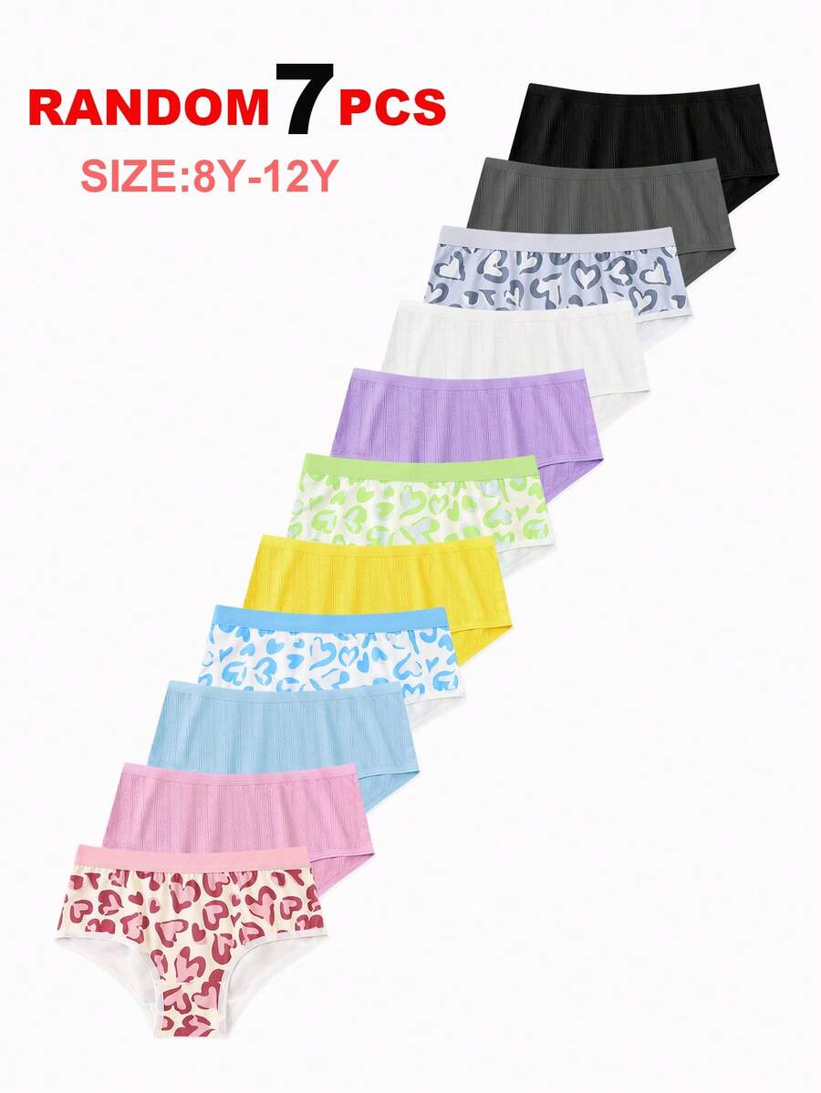7件套女童简约爱心印花随机混搭三角裤，卡通内裤，适合大龄少女 - 彩色 - 查看 1