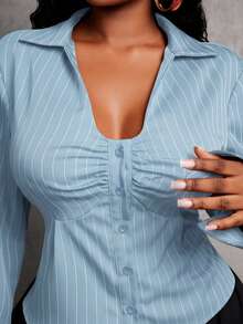 SHEIN SXY 大码女式秋冬新款美人鱼款蓝色条纹修身长袖纽扣衬衫 - 藍色 - 查看 3
