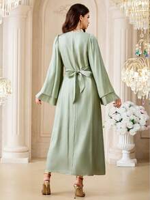 Al Najma Women's V-Neck Beaded Floral Pattern Cinching Waist Design Elegant Cinched Waist Arabic Style Dress - Green - View 2