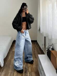 StreetHx 女士哥特图案口袋阔腿宽松休闲百搭牛仔裤 - 淺色水洗藍 - 查看 6